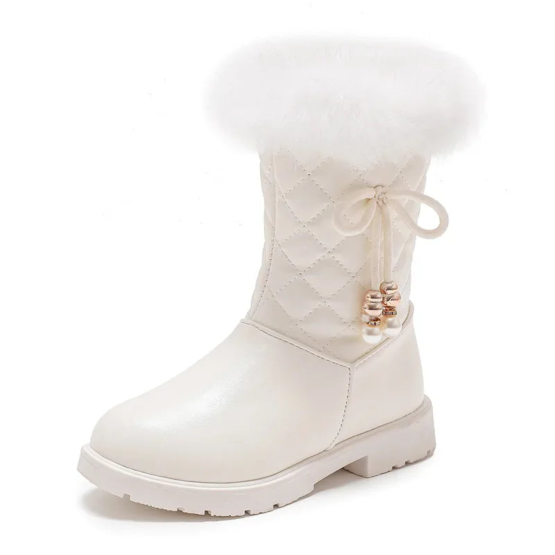 Girls Long Boots Warm Shoes for Winter Kids Princess Boots with Fur 2024 New Fashion Sweet Girls Leather Snow Boots with Bow