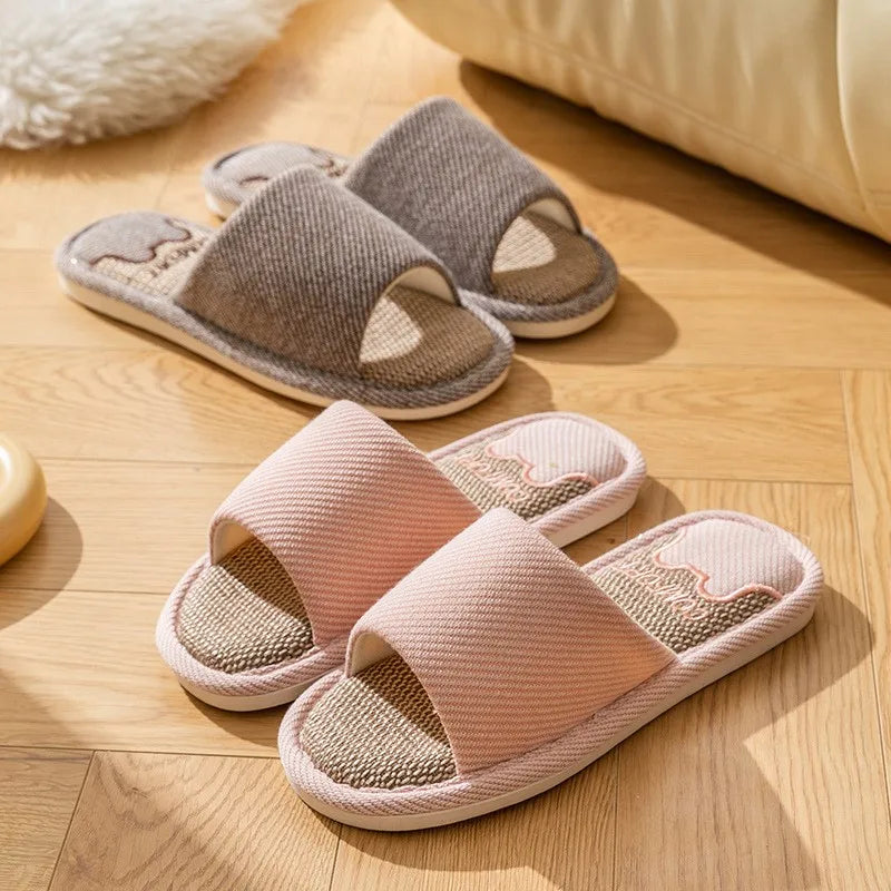 Linen Slippers Indoor Home Breathable Women Men Slides Linen Couples Anti-slip Shoes Beach Sandals Shoes Comfortable Flats TG20