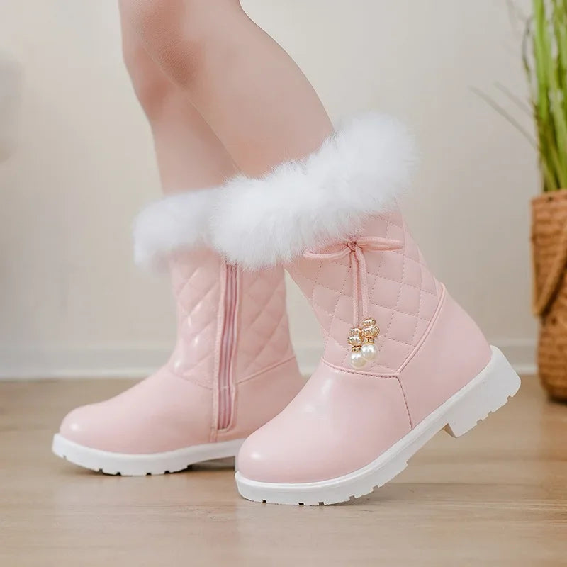 Girls Long Boots Warm Shoes for Winter Kids Princess Boots with Fur 2024 New Fashion Sweet Girls Leather Snow Boots with Bow