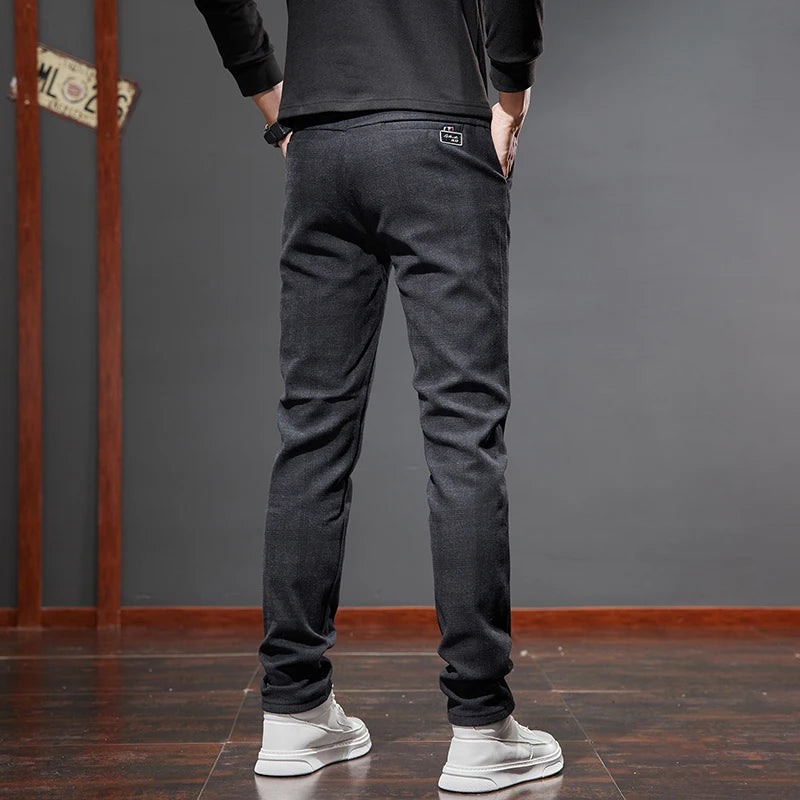 Winter New Men's Warm Casual Pants Business Fashion Fleece Thick Office Stretch Grey BlackTrousers Male Size 28-38