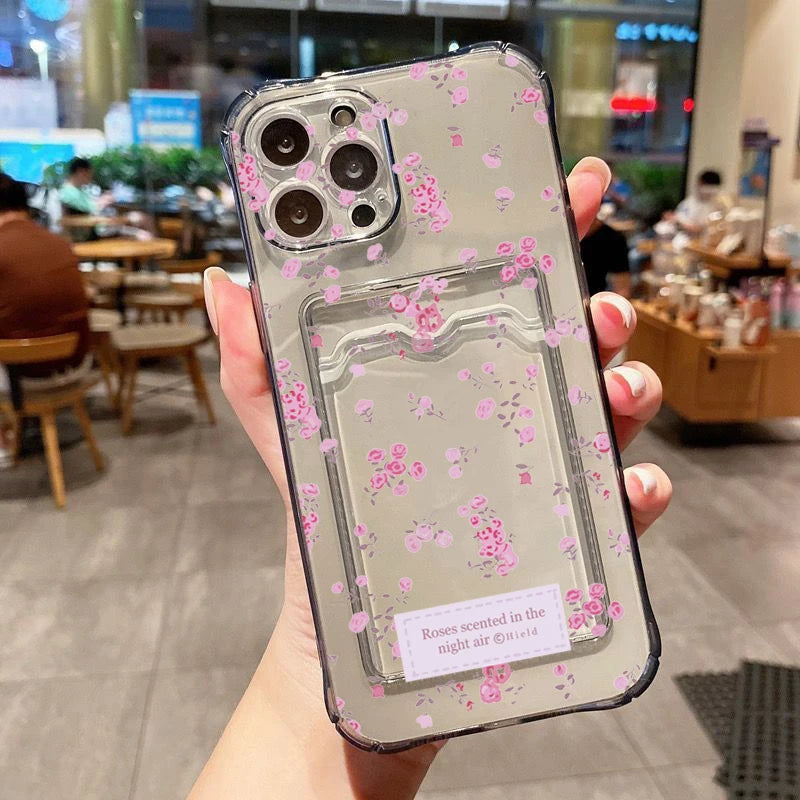 Korean Cute Flower Clear Phone Case For iPhone 16 15 14 13 12 11 Pro Max XS X 7 8 Plus SE2 Wallet Card Bag Lens Protection Cover