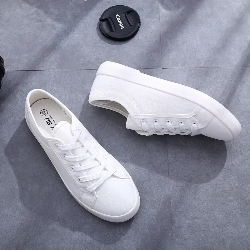 Unisex White Canvas Lace-Up Vulcanized Shoes