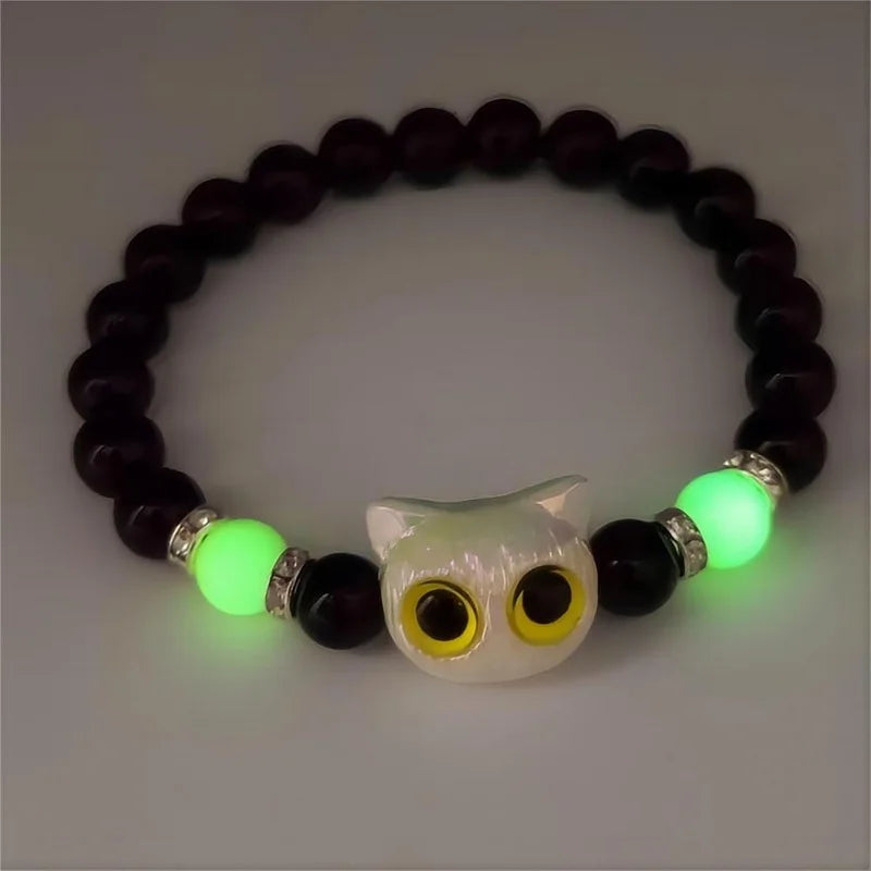 Cute Cartoon Big Eye Cat Luminous Bracelets For Women Men Animal Black White Kitten Beaded Bangles Friendship Couple Jewelry