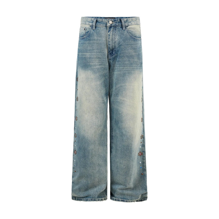 MADE EXTREME Retro Cat Beard Gem Beads Washed Straight Jeans Y2k Men’s Jeans