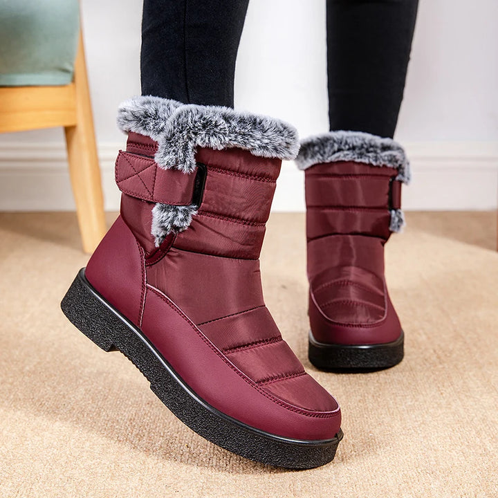 Women Large Size 44 Waterproof Cotton Boots Winter Warm Furry Snow Booties Outdoor Hook Loop Thicken Plush Ankle Boots Mujer