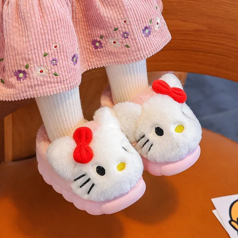 Winter Cute Cartoon Cover Heel Children's Fluffy Slippers Soft Non-slip Warm Flat Mule Boys Girls Teen Indoor Home Cotton Shoes