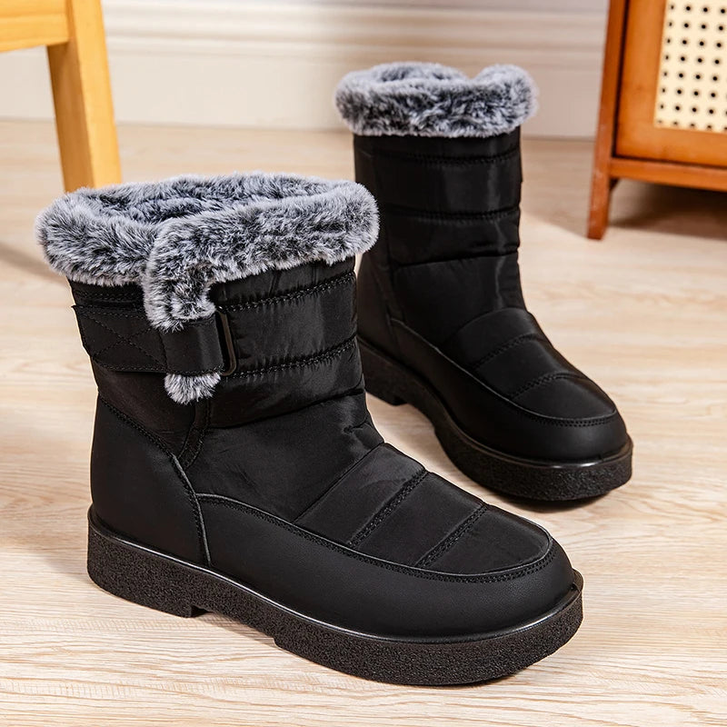 Women Large Size 44 Waterproof Cotton Boots Winter Warm Furry Snow Booties Outdoor Hook Loop Thicken Plush Ankle Boots Mujer