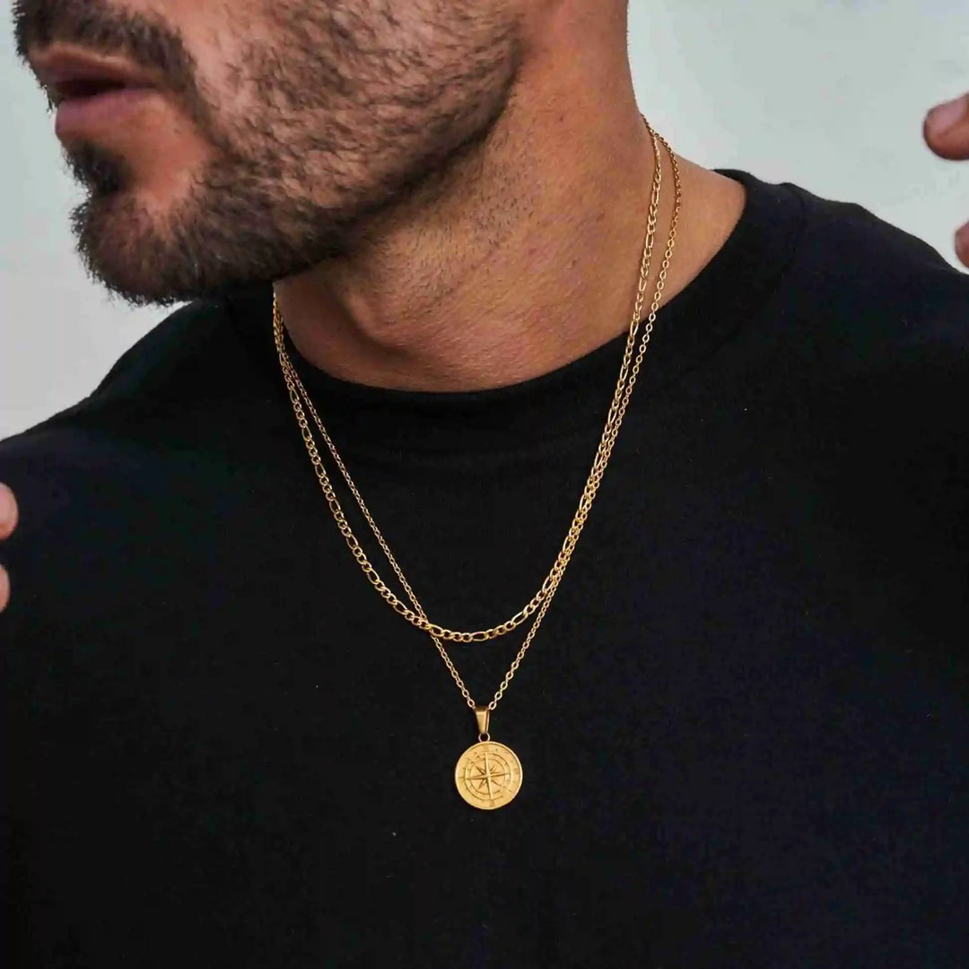 Compass Necklace for Men Layering Stacked Cuban Figaro Chain Necklaces Casual Punk Kpop Stainless Steel Jewelry Boy Collar