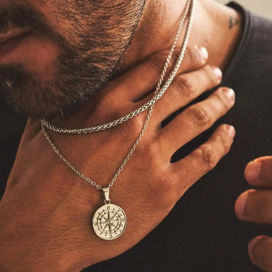 Compass Necklace for Men Layering Stacked Cuban Figaro Chain Necklaces Casual Punk Kpop Stainless Steel Jewelry Boy Collar