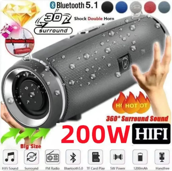 200W Portable Bluetooth Speaker – IPX7 Waterproof, HiFi