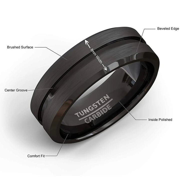 Men Rings – Black Groove Matte Stainless Steel