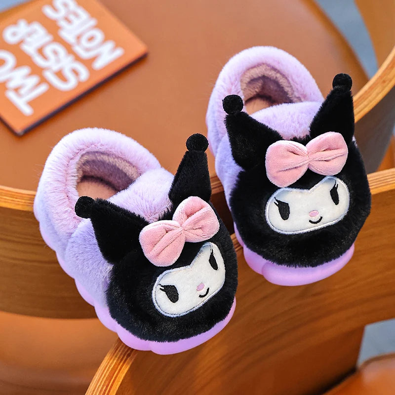 Winter Cute Cartoon Cover Heel Children's Fluffy Slippers Soft Non-slip Warm Flat Mule Boys Girls Teen Indoor Home Cotton Shoes