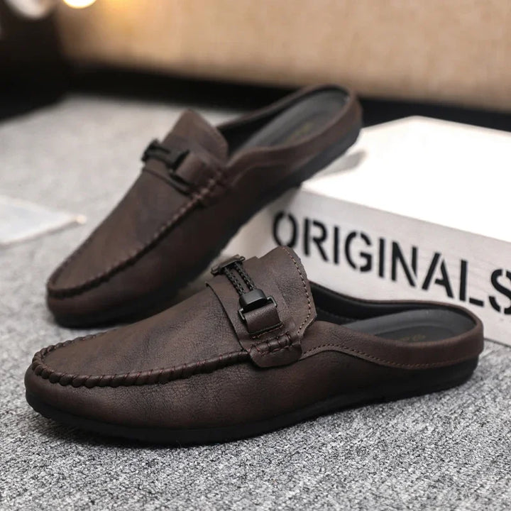 Summer Leather Men Half Slippers Breathable Mens Casual Shoes Slip-on Lazy Driving Shoes Comfortable Walking Loafers Moccasins