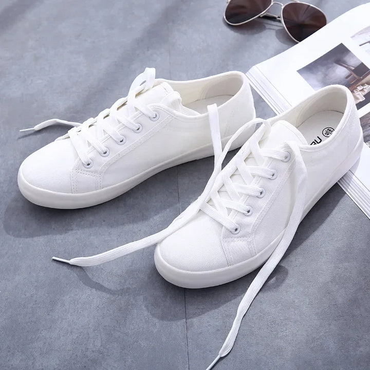 Unisex White Canvas Lace-Up Vulcanized Shoes