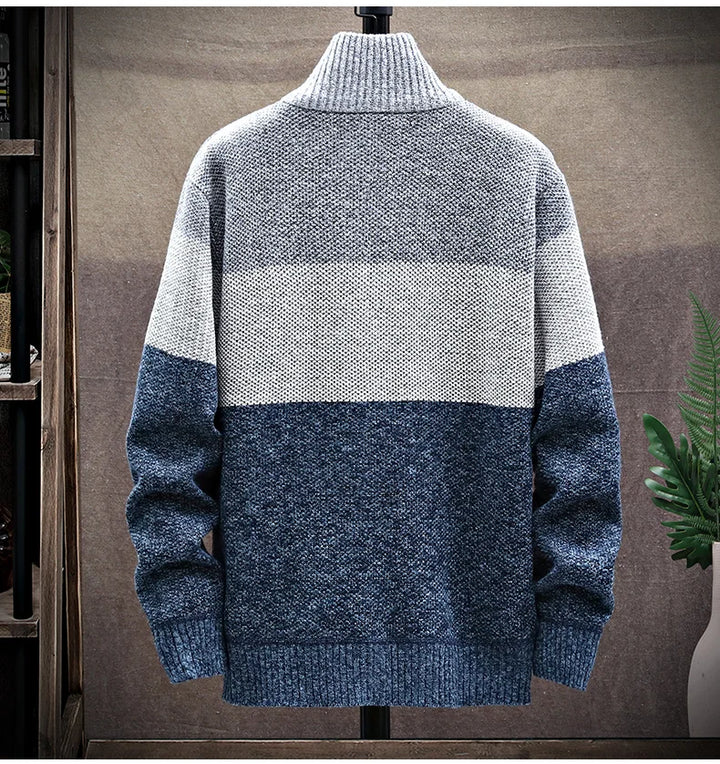 Autumn Winter Cardigan Sweater Men Fleece Zipper Sweaters Velvet Contrast Striped Sweater Coats Casual Jackets