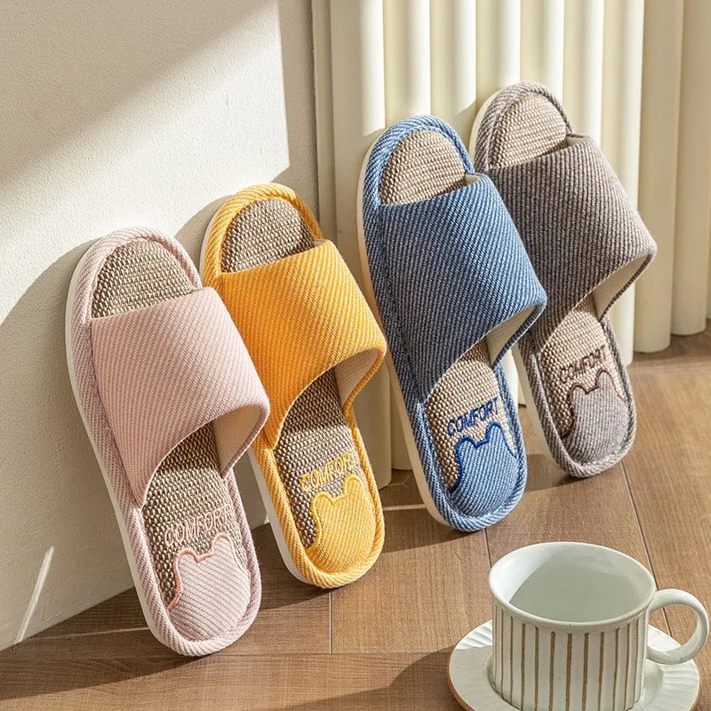 Linen Slippers Indoor Home Breathable Women Men Slides Linen Couples Anti-slip Shoes Beach Sandals Shoes Comfortable Flats TG20