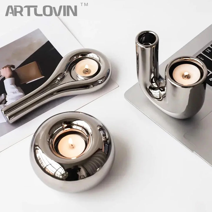 Luxury Silver Candlestick Holder – Modern Ceramic Cylinder