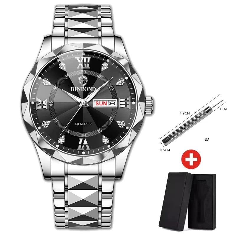 BINBOND Top Brand Luxury Fashion Quartz Watch Men Waterproof Week Date Clock Stainless Steel Sport Watch Men Quartz Wristwatch