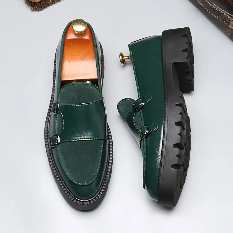 Fashion Men's Casual Leather Shoes Men Classic British Style Monk Loafers Mens Slip-on Thick Sole Heightened Shoe Patchwork