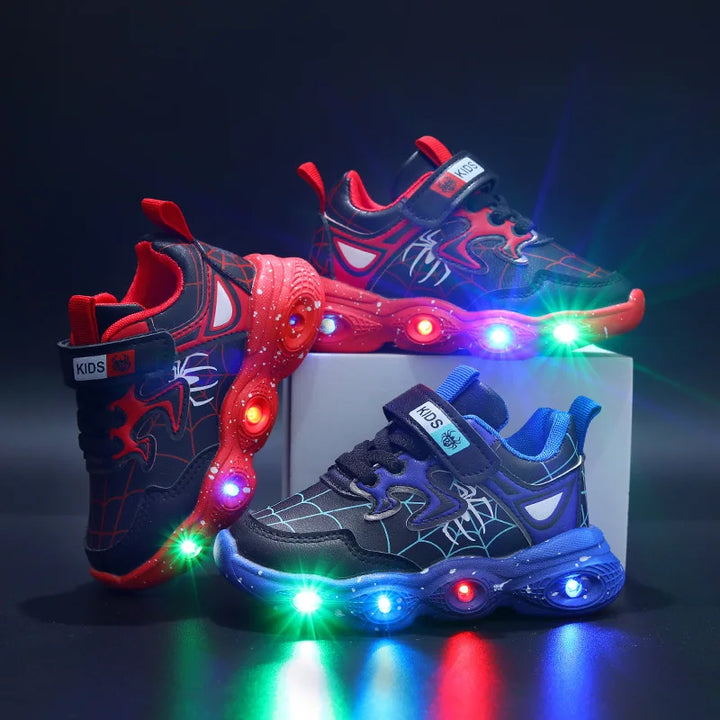 Disney LED Casual Sneakers Red Black For Spring Boys Spiderman Mesh Outdoor Shoes Children Lighted Non-slip Shoes Size 21-30