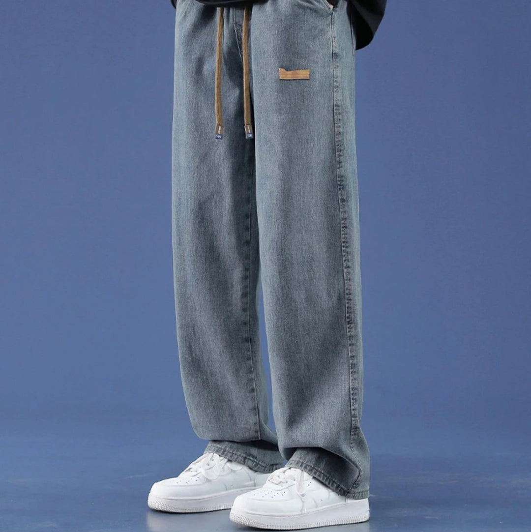 Summer Thin Men's Baggy Jeans Lyocell Fabric Soft Drape Casual Pants Elastic Drawstring Male Loose Straight Denim Trousers S-3XL