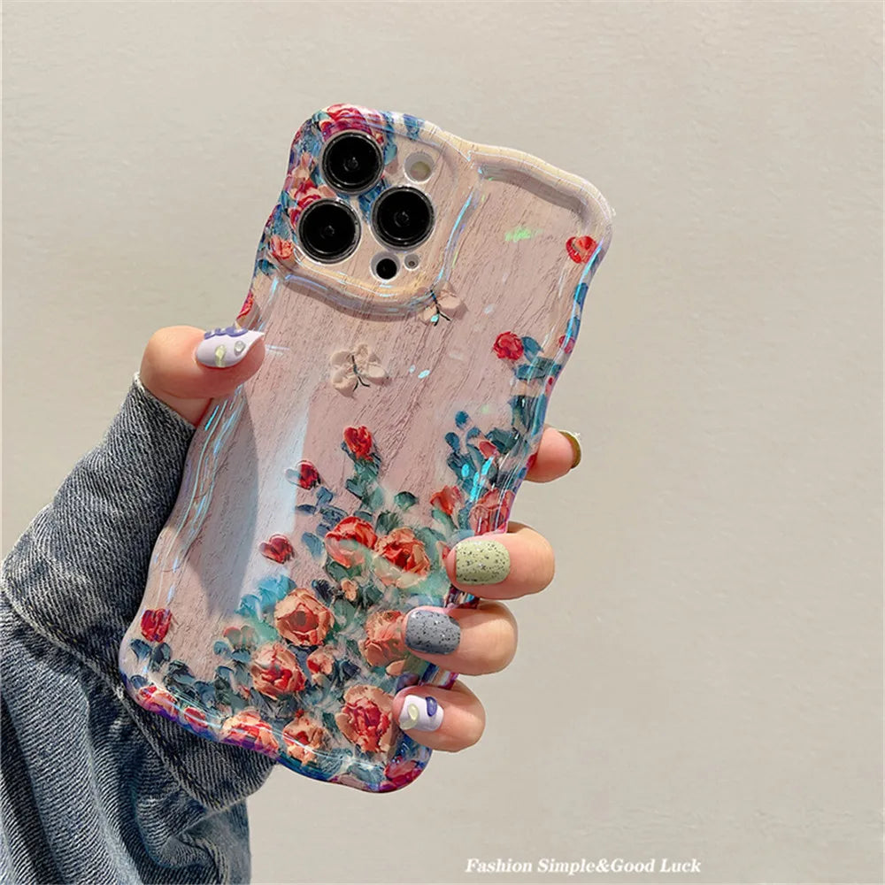 Ottwn Luxury Laser Oil Painting Flowers Phone Cases For iPhone 11 12 13 14 15 16 Pro Max Shockproof Soft Bumper Back Cover Shell