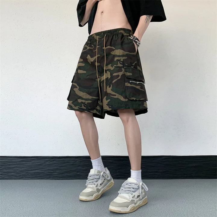 Camouflage Cargo Shorts Men Retro Pocket-design American Style Basic Baggy Simple All-match Fashion High Street Trousers Males