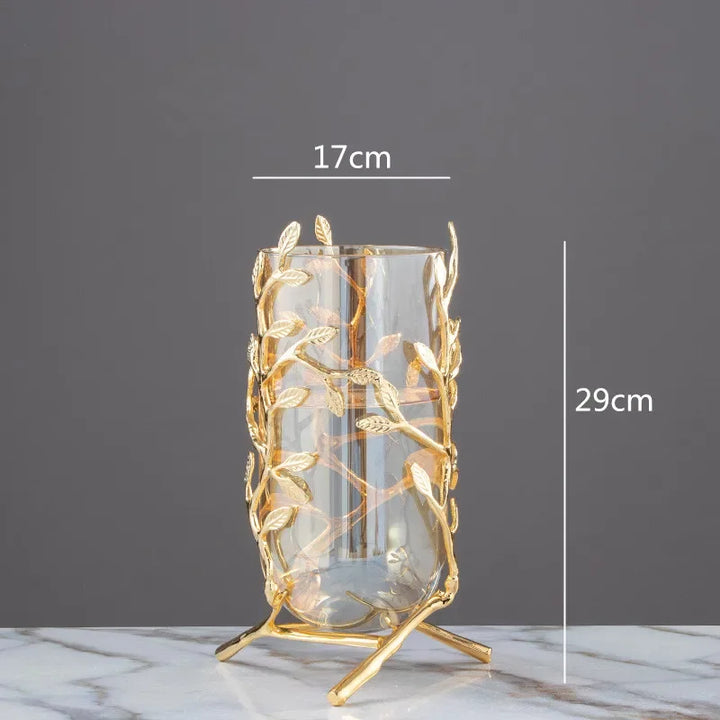 Glass Metal Vase with Gold Frame – Elegant Hydroponic Decor