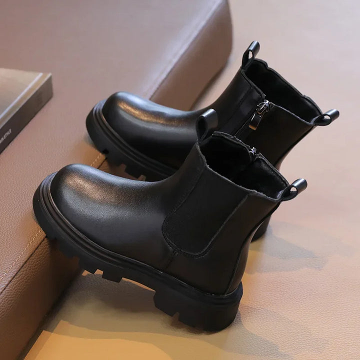 Classic Children's Black Boots Simple Thick Bottom Autumn Boots for Girls Matte PU Leather Kids Fashion Ankle Boots Round-toe