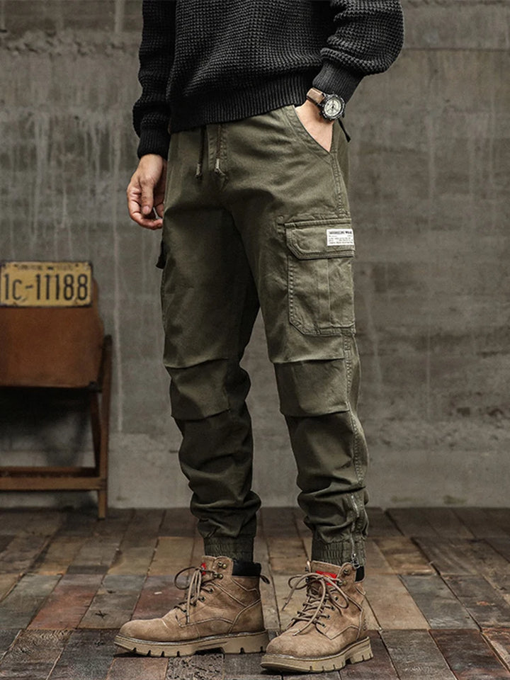 Men's Cargo Pants 2023 Autumn New Multi-Pockets Banded Waist Heavy Cotton Work Wear Slim Fit Joggers Military Casual Trousers