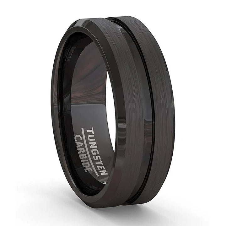 Men Rings – Black Groove Matte Stainless Steel