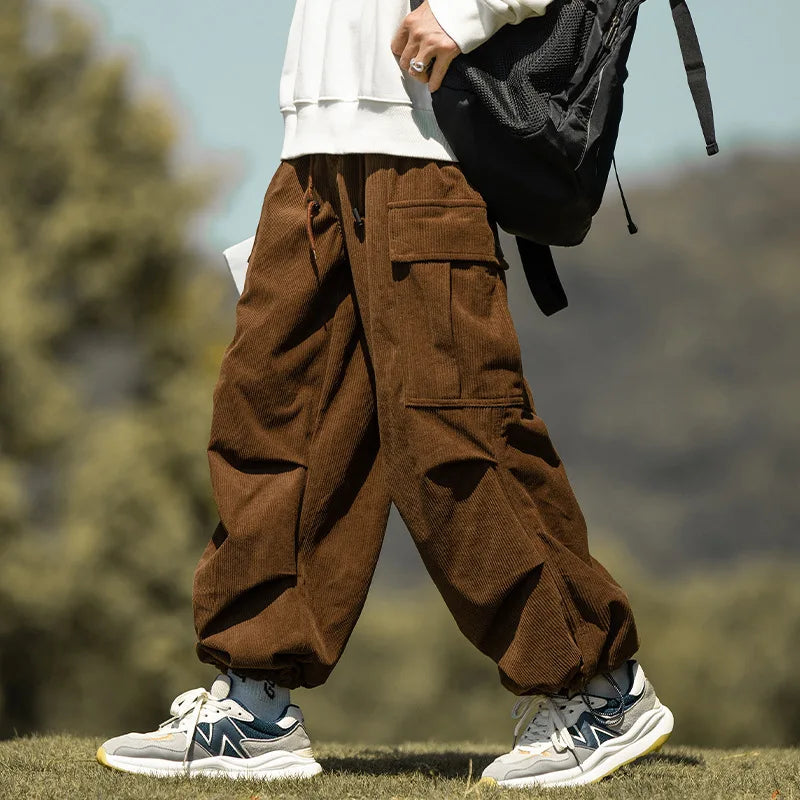 New Fashion Corduroy Drawstring Casual Overalls Men Big Size Loose Baggy Cargo Pants Streetwear Straight Trousers Clothing