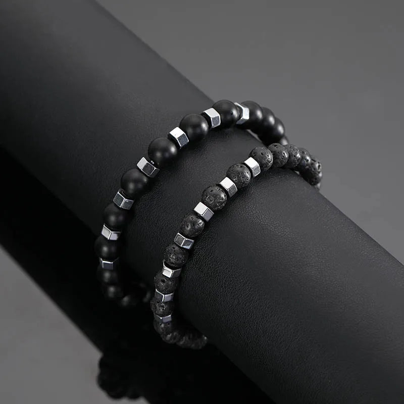 New In Frosted Black Bead Volcanic Stone Men’s Bracelet Set Double Layer Nature Stone Beaded Bracelets Gifts