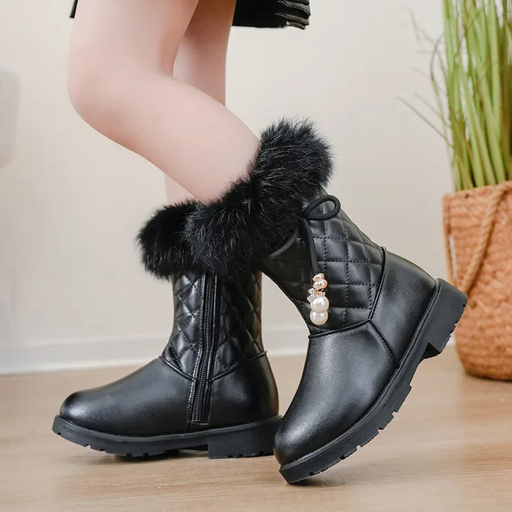 Girls Long Boots Warm Shoes for Winter Kids Princess Boots with Fur 2024 New Fashion Sweet Girls Leather Snow Boots with Bow