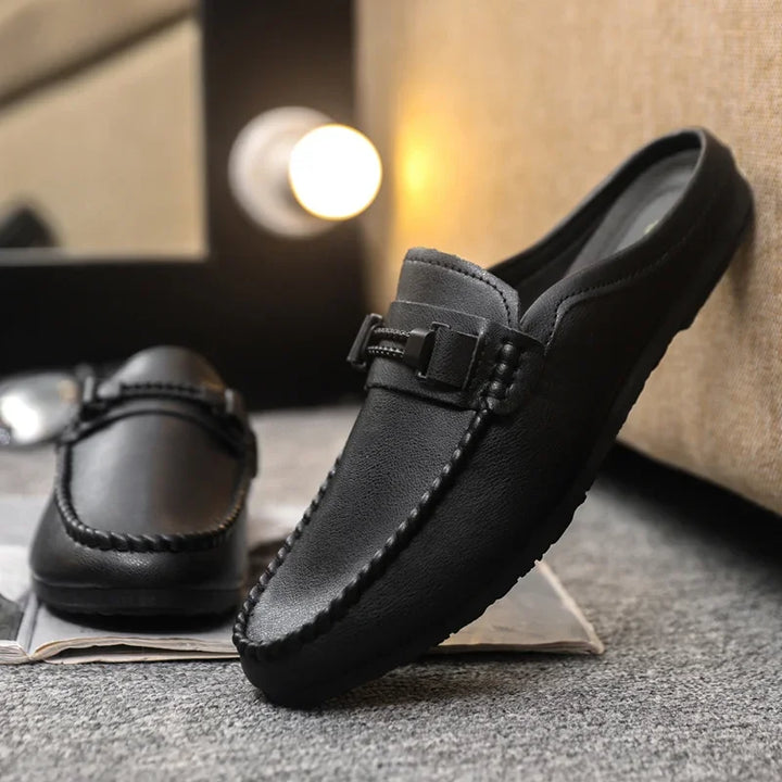 Summer Leather Men Half Slippers Breathable Mens Casual Shoes Slip-on Lazy Driving Shoes Comfortable Walking Loafers Moccasins