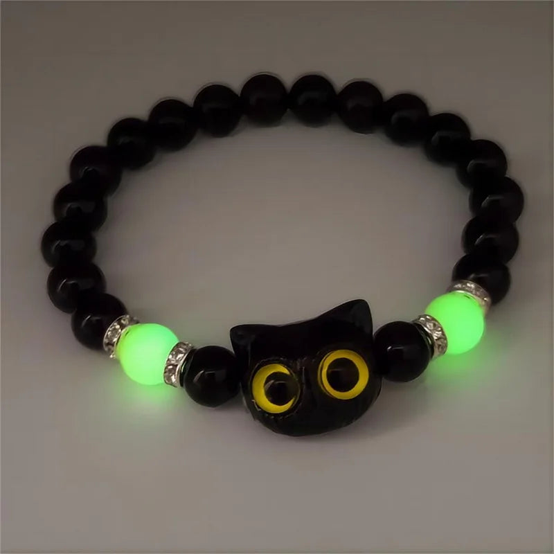 Cute Cartoon Big Eye Cat Luminous Bracelets For Women Men Animal Black White Kitten Beaded Bangles Friendship Couple Jewelry