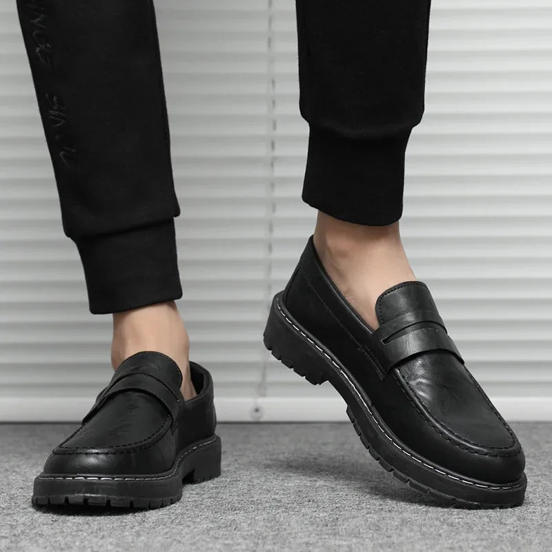 Thick Soled Loafers Men Leather Shoes Breathable Slip on Loafers Solid Color Men Casual Shoes Handmade Men Formal Shoes