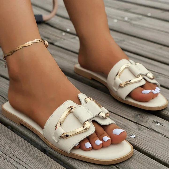 Women Metal Decor Single Band Flat Sandals Fashion Sexy Open Toe Outdoors Slides Luxurious Office Ladies Party Female Shoes