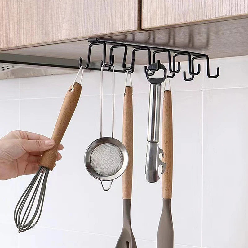 Punch-free Double-row Hooks Kitchen Under Cupboard Shelf Mug Cup Hanger Hook Iron Hanging Rack Holder Kitchen Cabinet Organizer