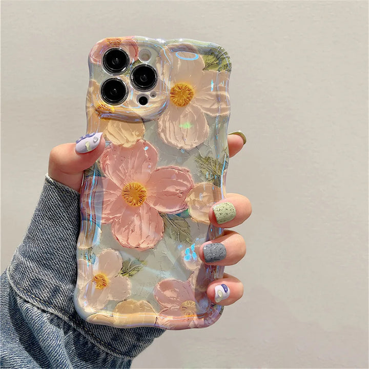 Ottwn Luxury Laser Oil Painting Flowers Phone Cases For iPhone 11 12 13 14 15 16 Pro Max Shockproof Soft Bumper Back Cover Shell