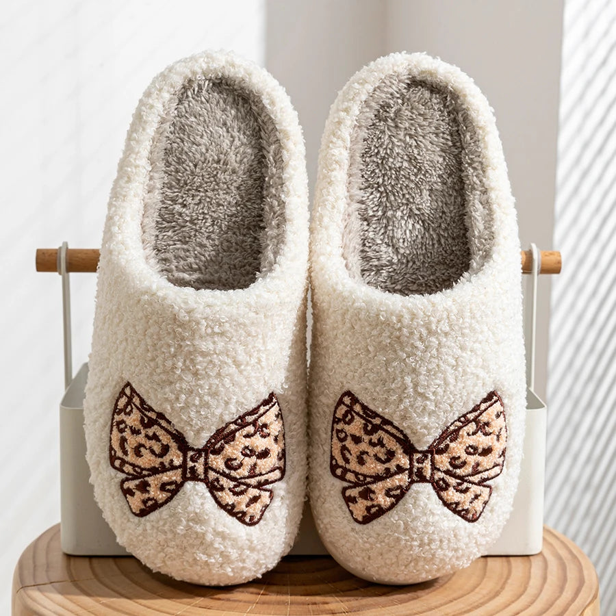 Fashion Cute Pretty Bow Women Slippers Indoor Winter Soft Sole Exquisite Warm Graceful Causal Dormitory Comfy Flat Cotton Shoes