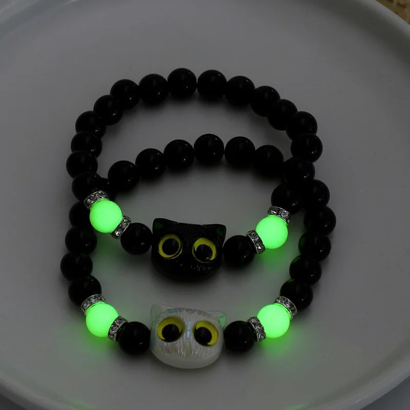 Cute Cartoon Big Eye Cat Luminous Bracelets For Women Men Animal Black White Kitten Beaded Bangles Friendship Couple Jewelry