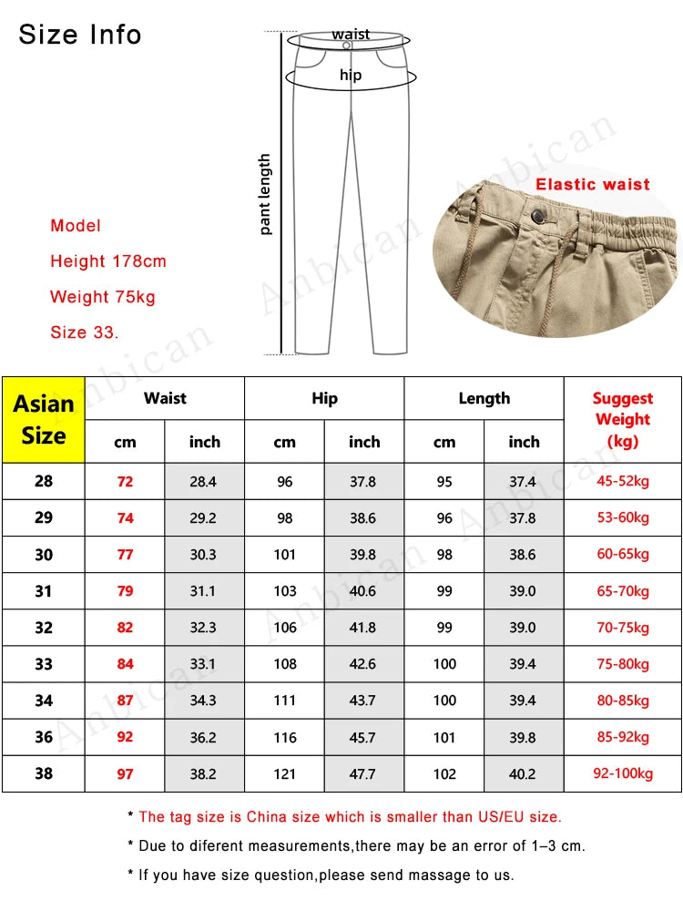 Men's Cargo Pants 2023 Autumn New Multi-Pockets Banded Waist Heavy Cotton Work Wear Slim Fit Joggers Military Casual Trousers