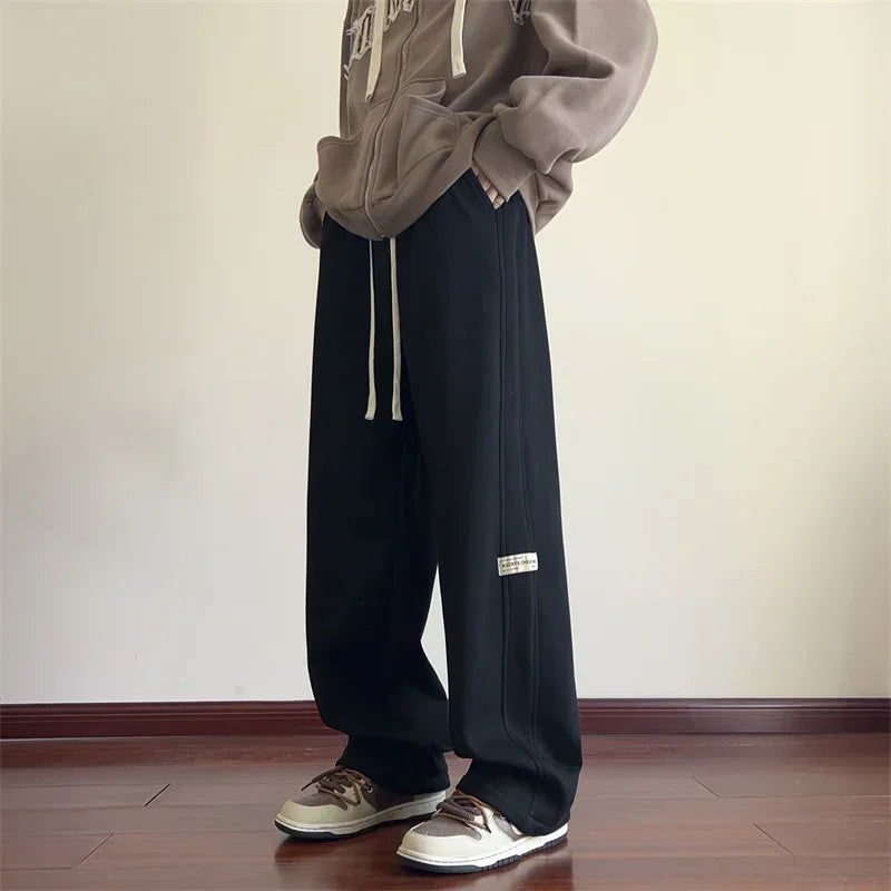 Autumn Retro Side Stripe Appliques Pants For Men Y2K Streetwear Casual Baggy Trousers Gym Drawstring Straight Wide Leg Sweatpant