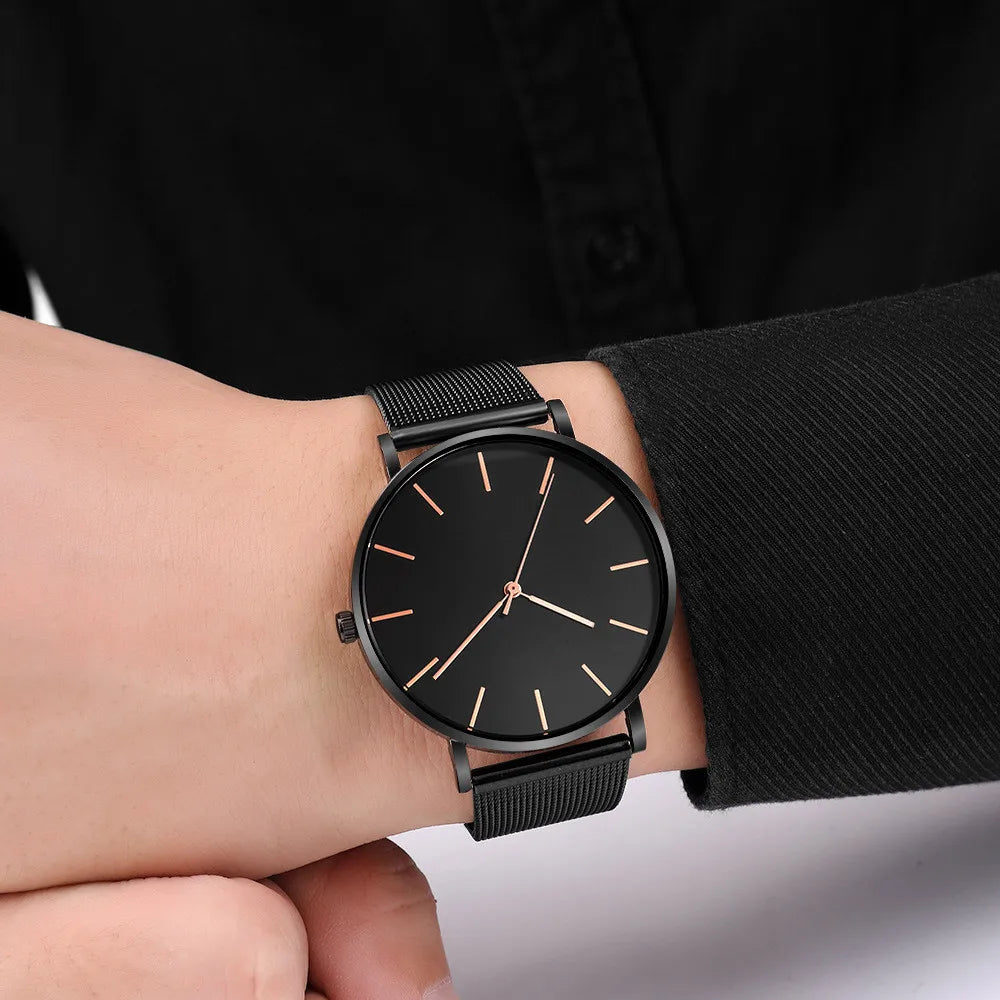 Fashion Leisure Simple Ultra Thin Men Women Creative Black Stainless Steel Quartz Watches Men Business Male Wristwatch Clock