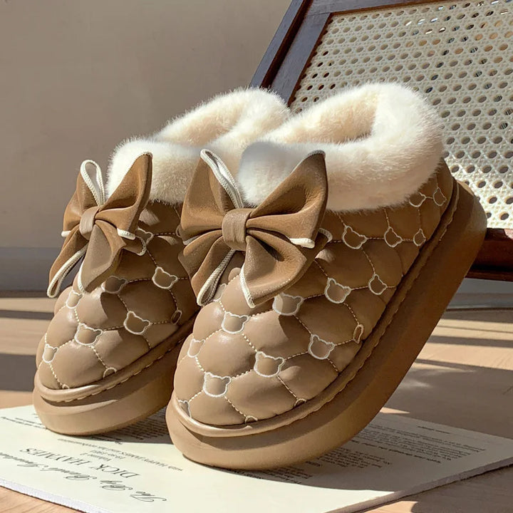 Platform Ankle Boots Female Bowknot Designer Winter Snow Booties Indoor Fluffy Slippers Women House Flats Fashion Footwear Warm