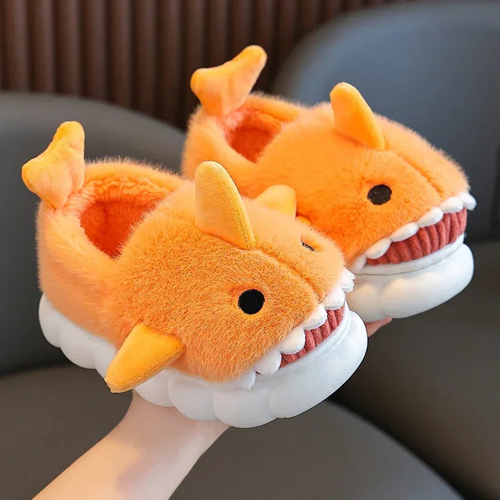 Winter Heel Wrap Cotton Children's Slippers Cute Cartoon Shark Non-slip Soft Sole Kids Boys Girls Junior Warm Plush Home Shoes