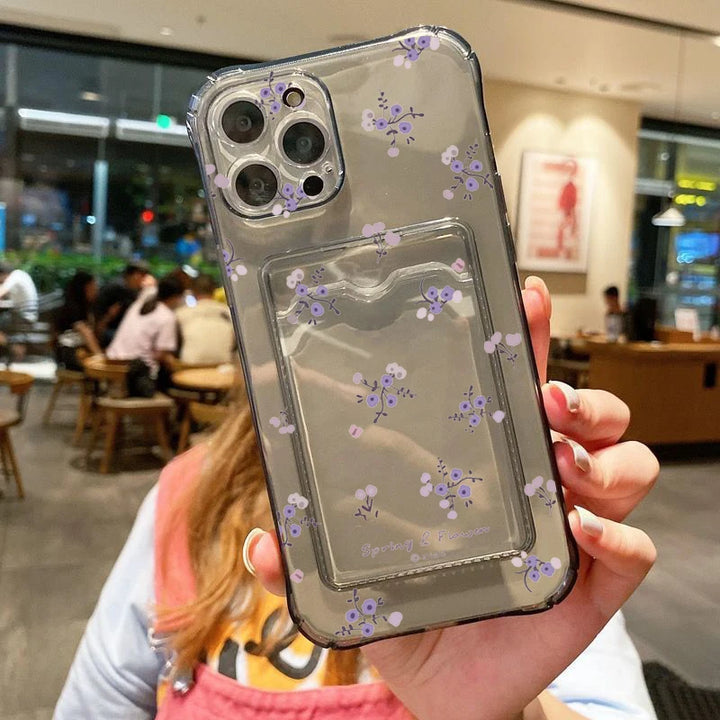 Korean Cute Flower Clear Phone Case For iPhone 16 15 14 13 12 11 Pro Max XS X 7 8 Plus SE2 Wallet Card Bag Lens Protection Cover