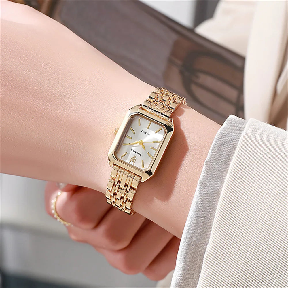 Women's Fashion Square Watches Gold Alloy Strap 2024 Luxury Ladies Quartz Wristwatches Qualities Female Roman Scale Clock