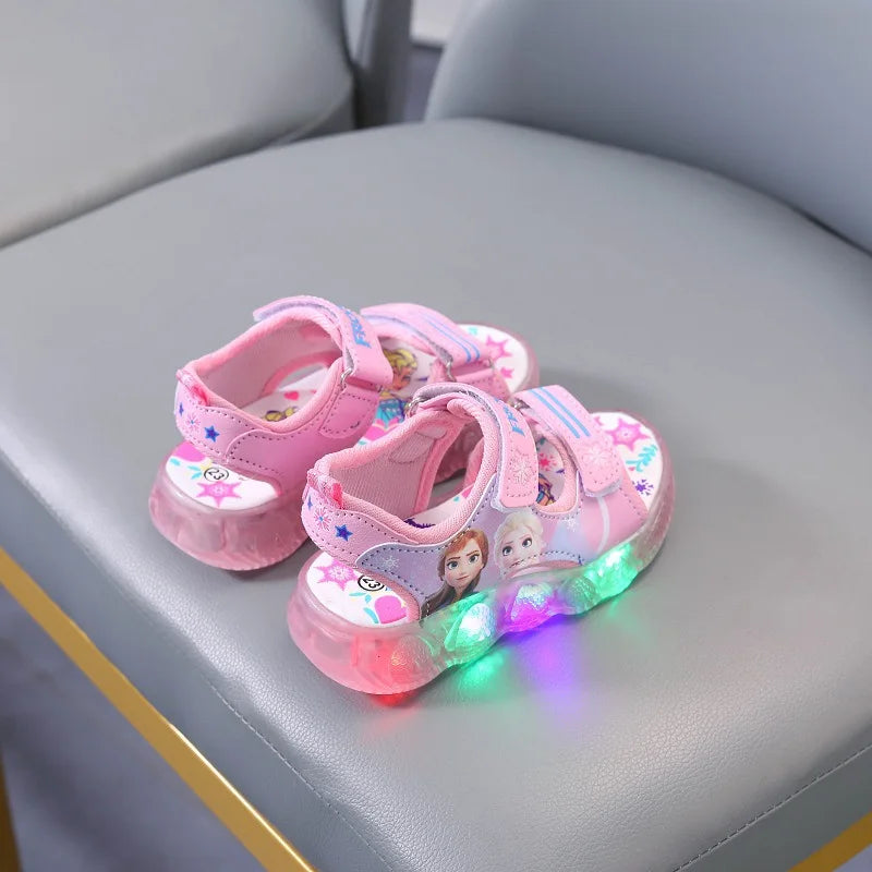 Disney Boys Girls Frozen Elsa Princess Led Light Up Luminous Sports Sandals Summer Kids Sandals Non-slip Toddler Shoes Size 21-3